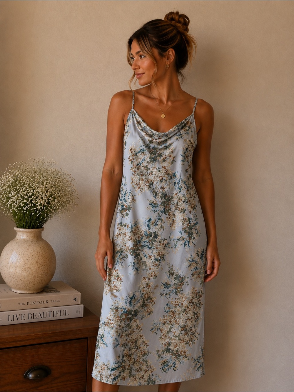 Final Touch Light Blue Floral Satin Maxi Dress